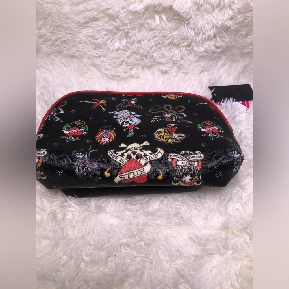 Ed Hardy Black Cosmetic Bag with Red Trim and Heart Graphic